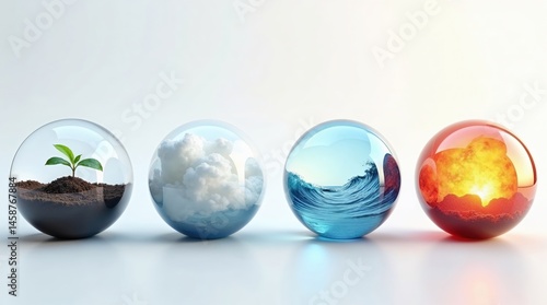 Vier Elemente in Glaskugeln – Erde, Luft, Wasser, Feuer in moderner Darstellung
