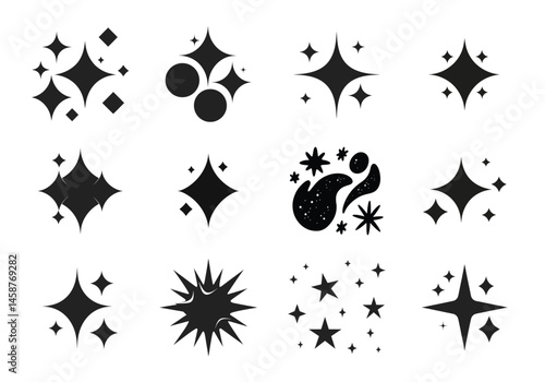 set of various sparkle, doodle stars icon isolated on white background.