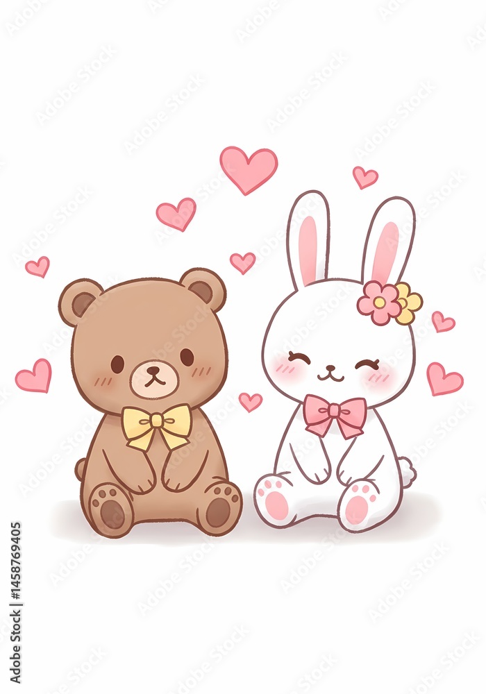 Charming illustration of a plush bear and bunny surrounded by hearts, perfect for valentines, friendship day or love-themed greetings, creating warm, endearing feelings Charming illustration of a plush bear and bunny surrounded by hearts, perfect for valentines, friendship day or love-themed greetings, creating warm, endearing feelings