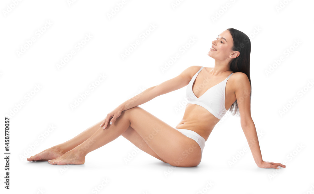 Woman with smooth skin after epilation procedure on white background Woman with smooth skin after epilation procedure on white background