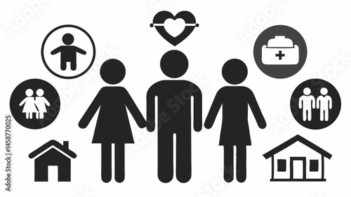 Family Unity Love Home Health a symbolic illustration of family life simple icons black and white