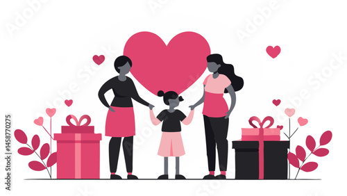 Two moms and daughter celebrate love gifts and a giant heart pink black and white illustration