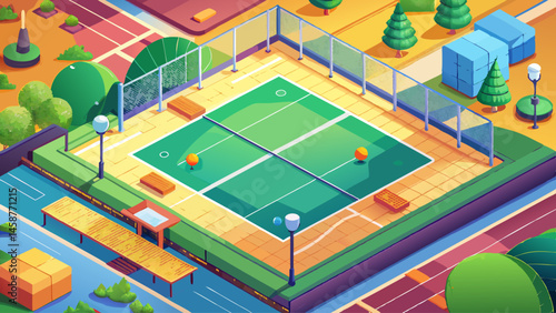 vector illustration of pickleball court top view, a popular outdoor sport similar tennis, table tennis.
