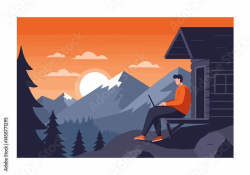 A man works on a laptop outdoors, overlooking a mountain range at sunset. A rustic cabin provides a scenic backdrop. Modern, vibrant illustration.