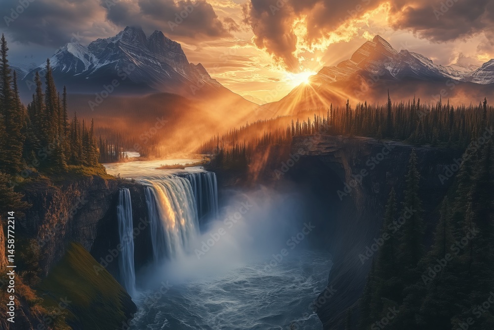 Fototapeta premium Golden sunlight illuminating helmcken falls and the coniferous forest at sunset, creating a mist-filled canyon and breathtaking landscape in wells gray provincial park, british columbia