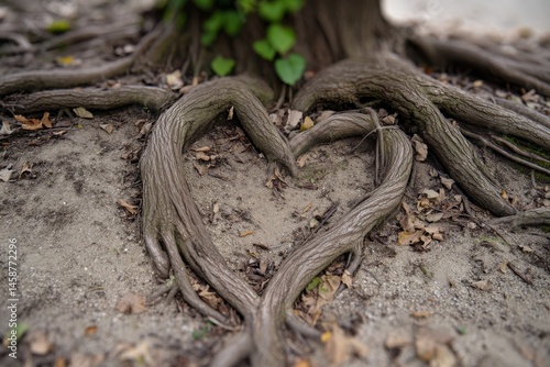 Heart-shaped tree roots create a natural symbol of love in a serene outdoor setting during autumn