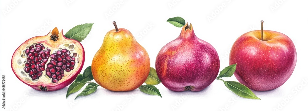 Colorful fruits, pomegranate, pear, and apple, detailed illustration Colorful fruits, pomegranate, pear, and apple, detailed illustration
