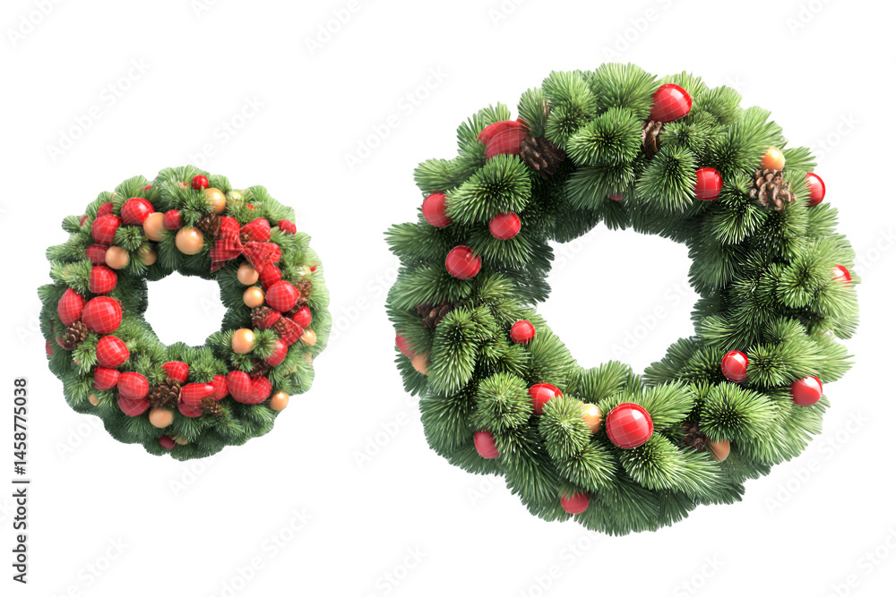 Festive Christmas wreaths adorned with red and gold ornaments pine cones and a festive bow Festive Christmas wreaths adorned with red and gold ornaments pine cones and a festive bow