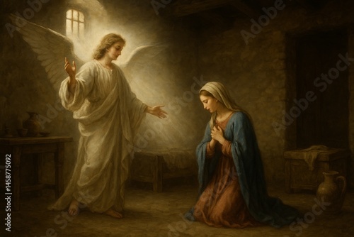 Angel Gabriel appears to Mary in her home in Nazareth, bathed in soft divine light, as she kneels in awe in a peaceful biblical scene.