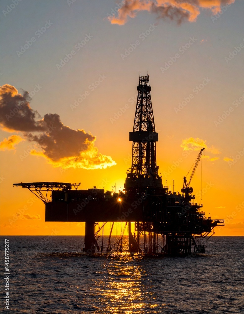 Silhouette of oil rig platform at sunset with small ship container nearby. Silhouette of oil rig platform at sunset with small ship container nearby.