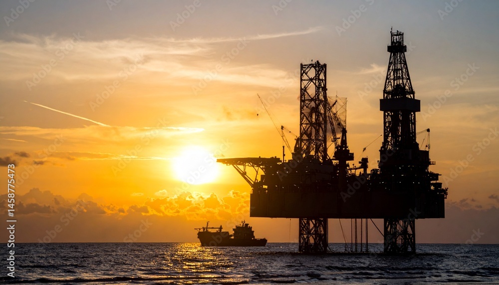 Silhouette of oil rig platform at sunset with small ship container nearby. Silhouette of oil rig platform at sunset with small ship container nearby.