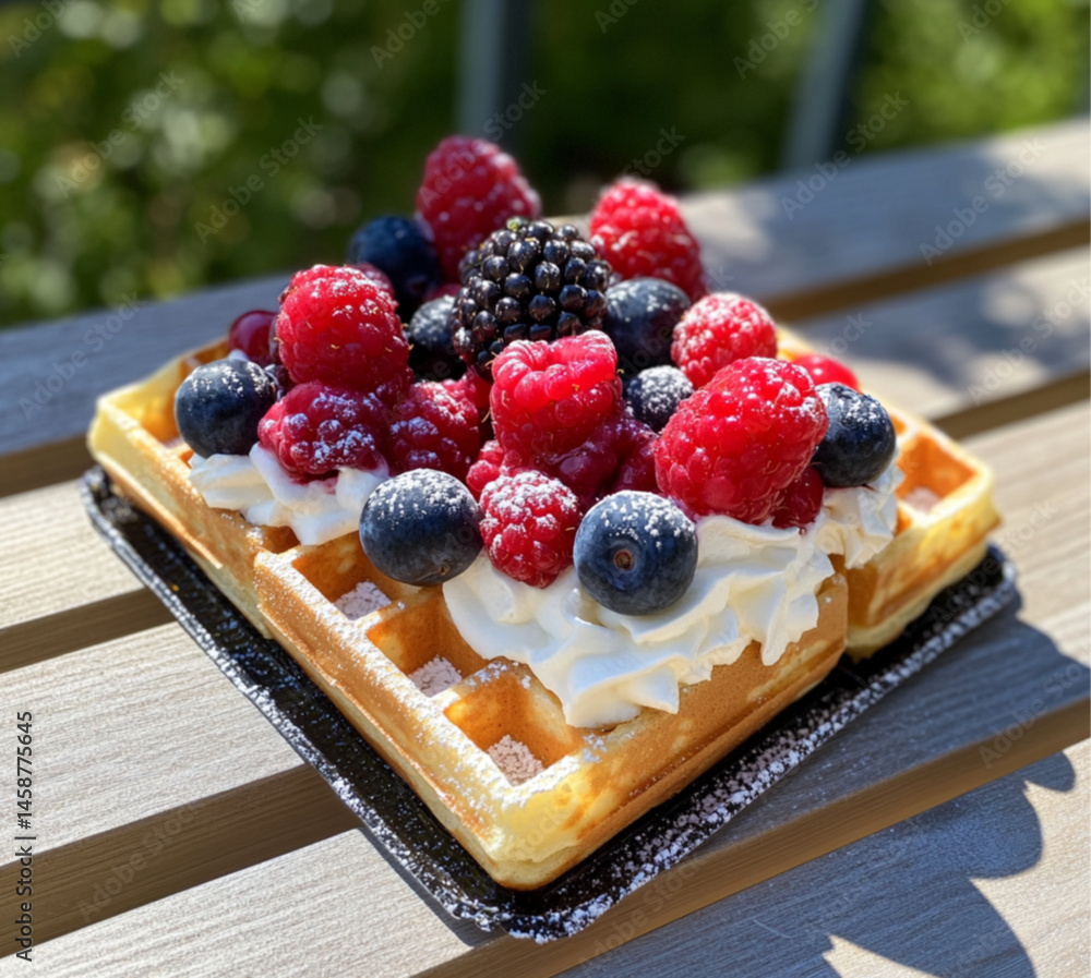 A square waffle with cream and various berries on top. On the table are some more blueberries and raspberries,placed on outdoor, Food photography, delicious.