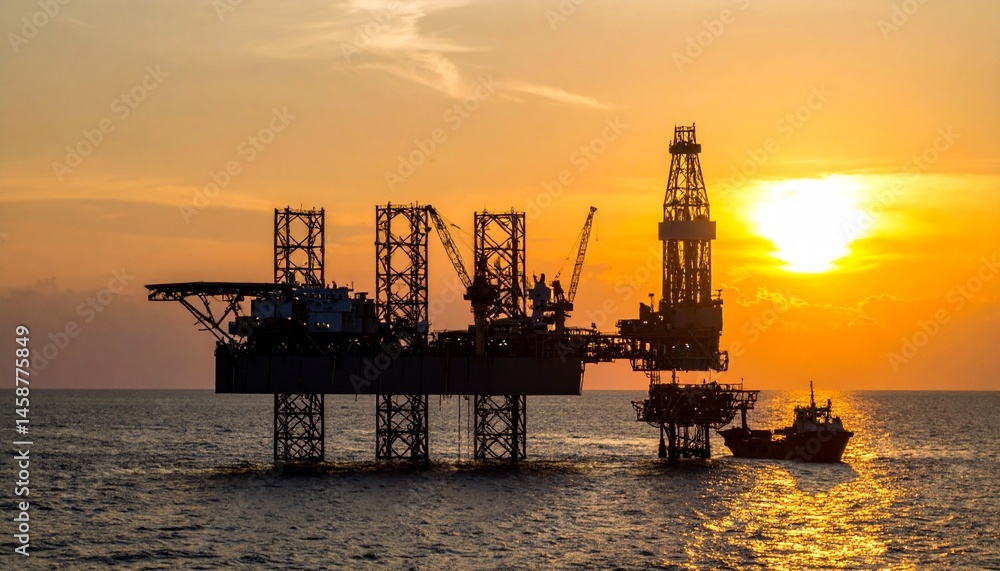 Obraz premium Silhouette of oil rig platform at sunset with small ship container nearby. 