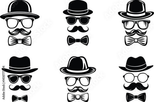 Stylish Man Hat Glasses Mustache Tie Bow silhouette vector illustration, Man Hat Glasses Mustache Tie Bow line art vector, Man Hat Glasses Mustache Tie Bow vector icon design set