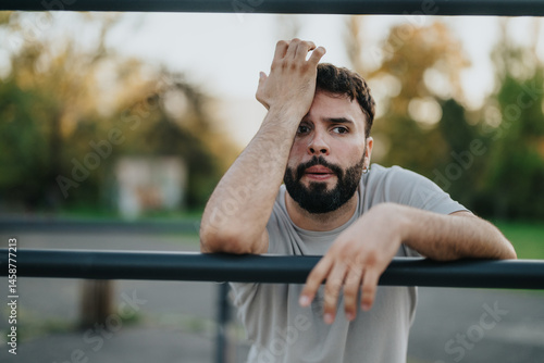 Fotografi A pensive man leaning on a railing in a park, contemplating deeply as the sun sets