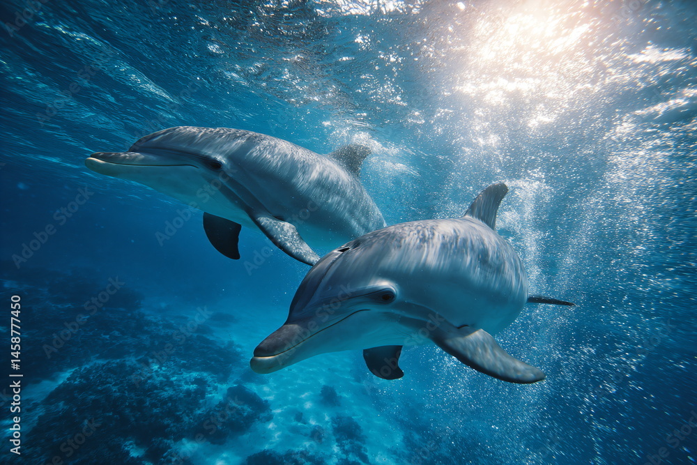 Obraz premium Dolphins swimming in the blue water 3d rendering