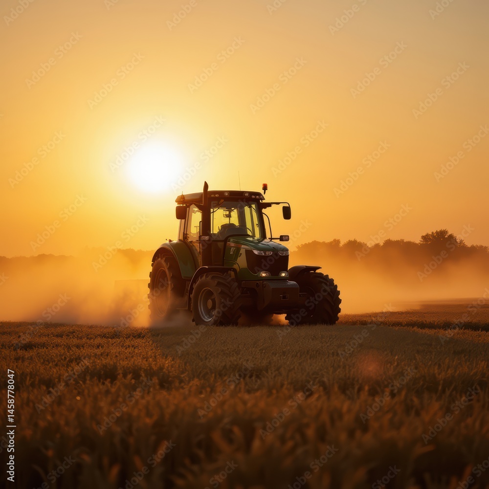 Fototapeta premium Tractor Working in Wheat Field at Sunset 