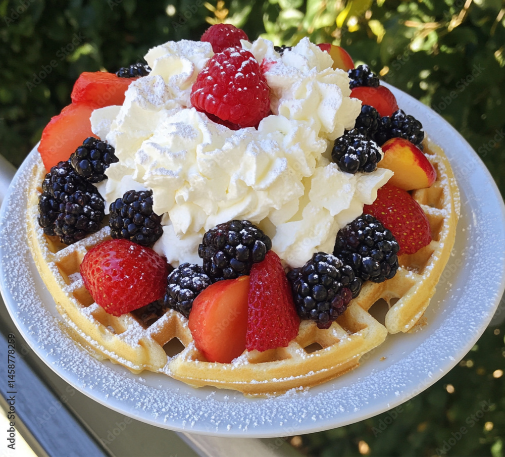 waffle with cream and various berries on top. On the table are some more blueberries and raspberries,placed on outdoor, Food photography, delicious.