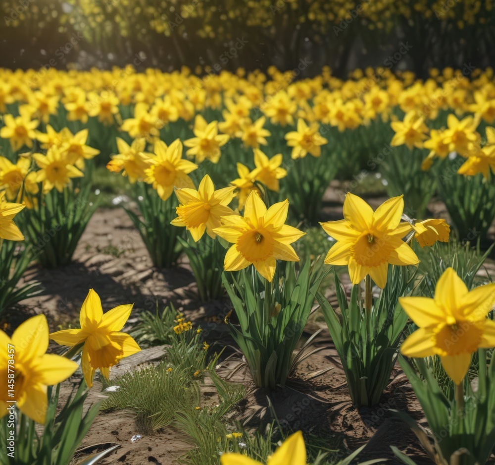 Fototapeta premium Sunlit field of vibrant yellow daffodils, petals gleaming , wallpaper, macro, garden