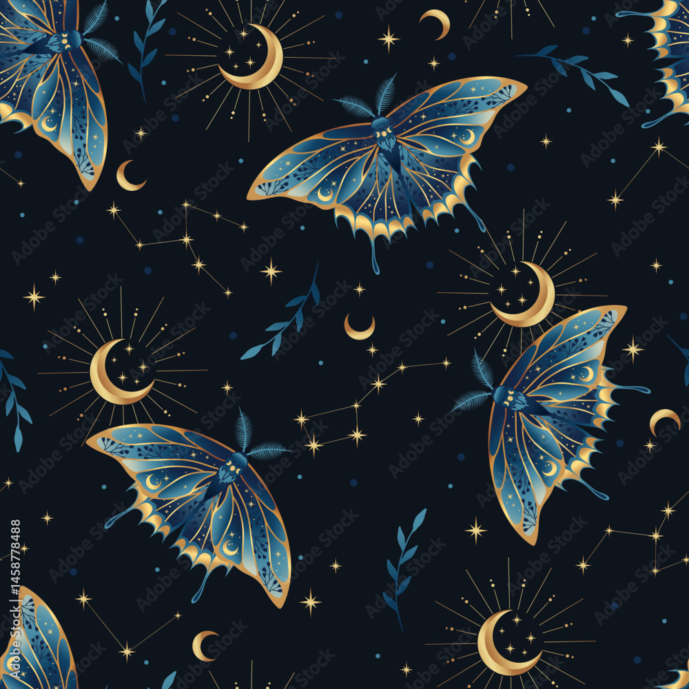Seamless magic blue vector pattern. Moon moth, herbs, stars. Bohemian fabric design. Contemporary composition. Seamless magic blue vector pattern. Moon moth, herbs, stars. Bohemian fabric design. Contemporary composition.