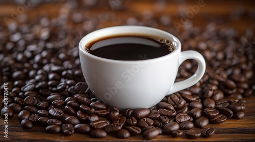 White Coffee Cup with Dark Aromatic Coffee and Roasted Coffee Beans on Rustic Wooden Table