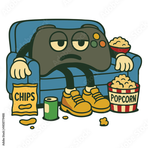 Lazy Game Controller on Couch with Snacks Cartoon