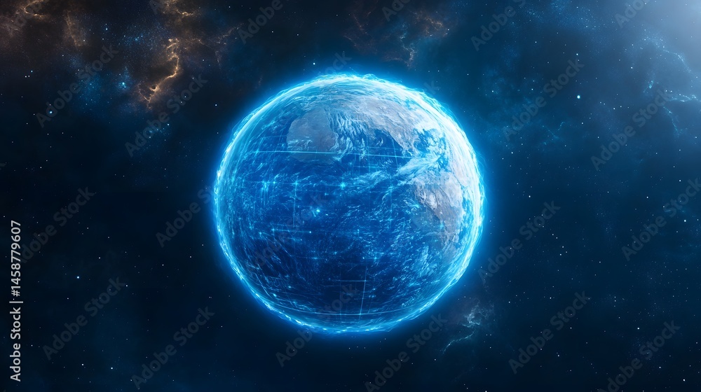 Fototapeta premium Hypothetical planet glowing in deep space.