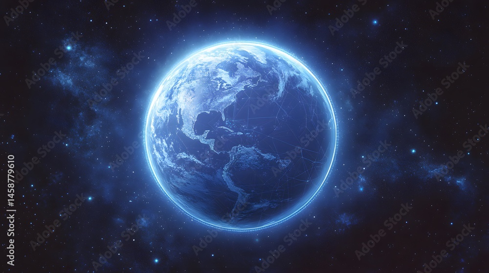 A luminous blue planet in the dark expanse of space. A luminous blue planet in the dark expanse of space.