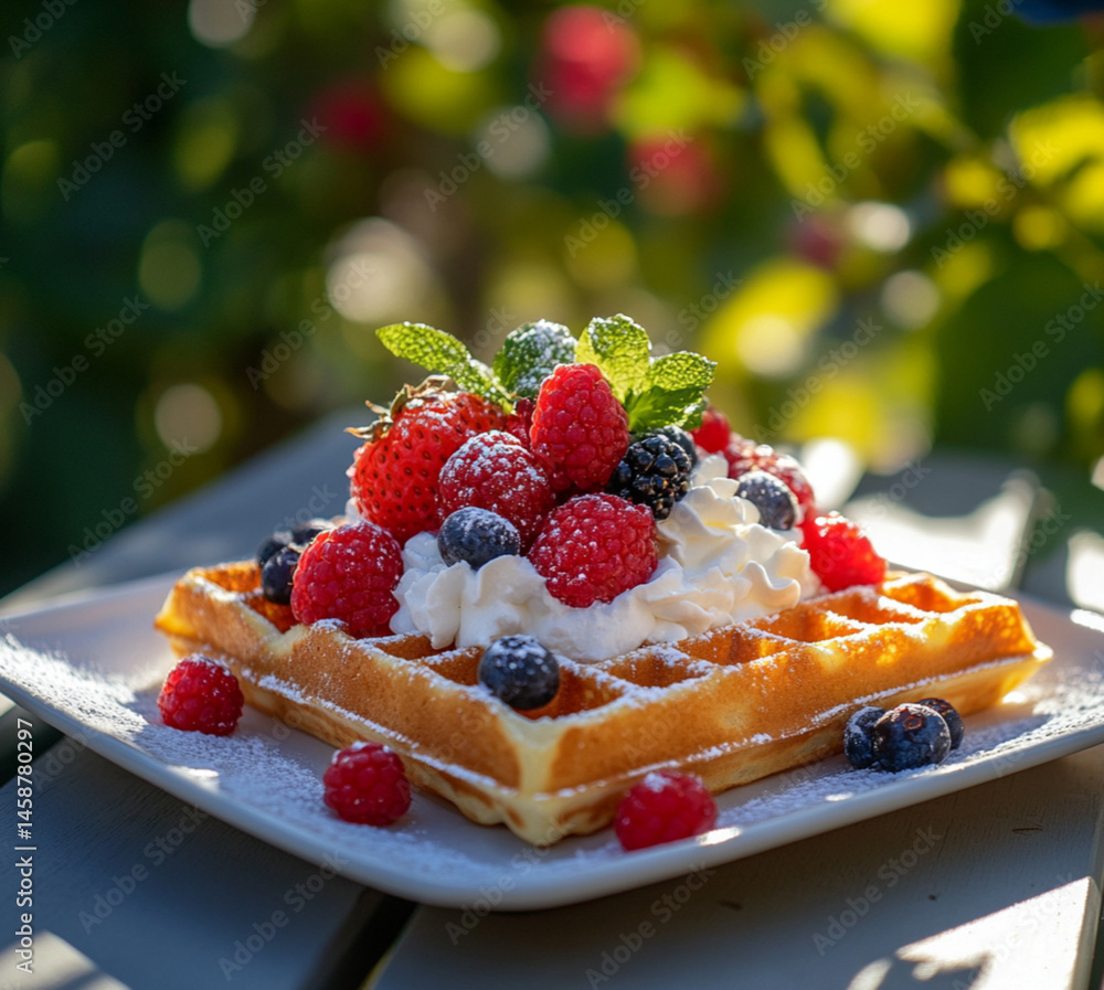 A square waffle with cream and various berries on top. On the table are some more blueberries and raspberries,placed on outdoor, Food photography, delicious.