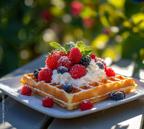 Obraz na płótnie A square waffle with cream and various berries on top. On the table are some more blueberries and raspberries,placed on outdoor, Food photography, delicious. w salonie