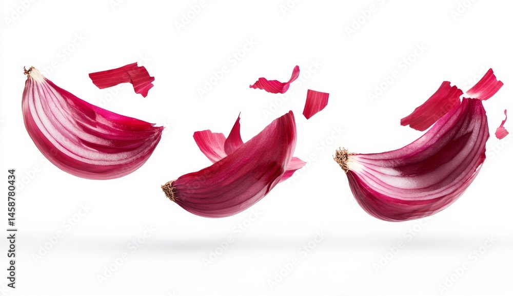 Fototapeta premium Red onions sliced, in mid-air, with flying pieces