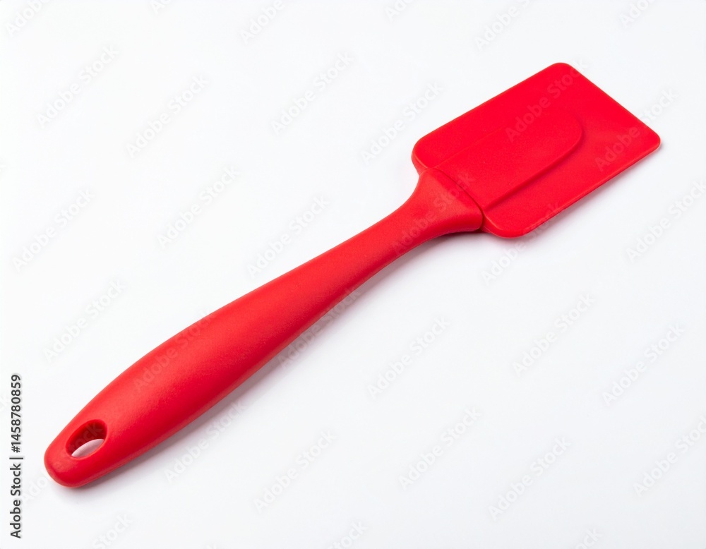 Vibrant red silicone spatula angled against a white background, perfect for mixing and scraping in cooking Vibrant red silicone spatula angled against a white background, perfect for mixing and scraping in cooking