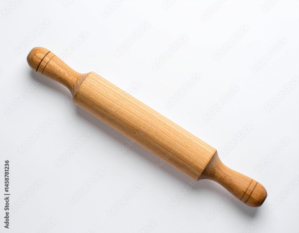 A wooden rolling pin, essential for baking. It's laying on a white surface, ready to flatten dough for pies, cookies, and other delicious treats A wooden rolling pin, essential for baking. It's laying on a white surface, ready to flatten dough for pies, cookies, and other delicious treats