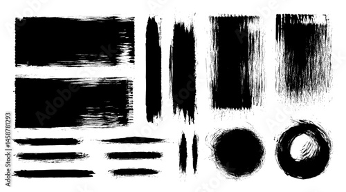 Vector paint brush strokes. Black ink stripes and circles. Japanese calligraphy zen circle frames. Chinese hand-drawn smears. Grungy long straight swipe set. Modern urban punk brushstroke splatter bg