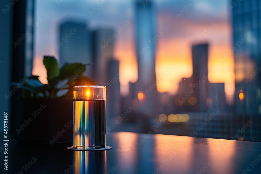 City Lights Reflecting in a Glass, Tranquil Urban Evening Scene City Lights Reflecting in a Glass, Tranquil Urban Evening Scene
