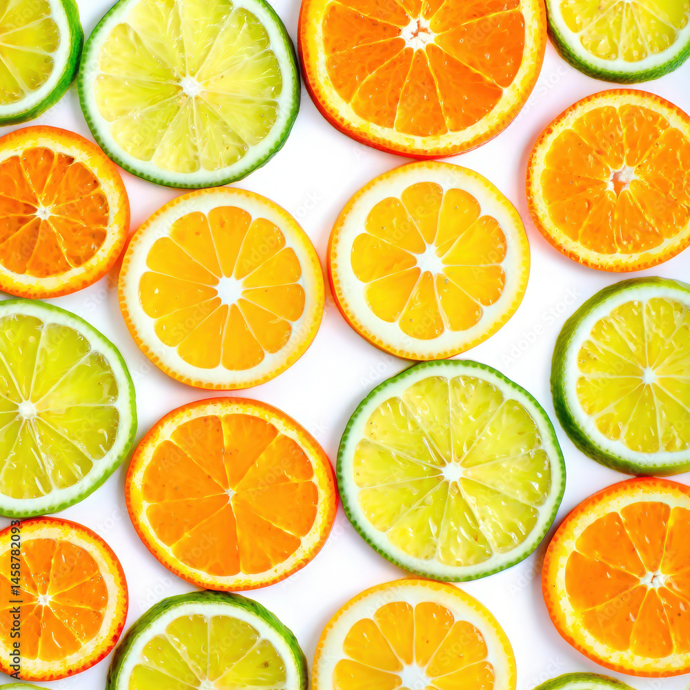 Fototapeta premium Bright background with sliced orange lemon lime. Citrus fruits in vibrant colors for summer. Juicy ripe fruit slices. Healthy eating concept. Tropical food background