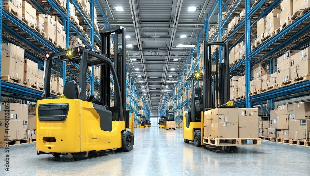 Fototapeta premium Two yellow forklifts move pallets in a large, organized warehouse filled with stacked boxes on high shelves.