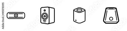 Vector illustration icon set featuring various speaker designs for sound systems and music setups
