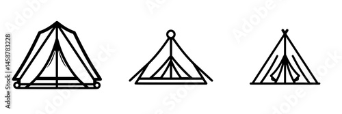 Vector illustration of three distinct tent designs suitable for camping and outdoor activities