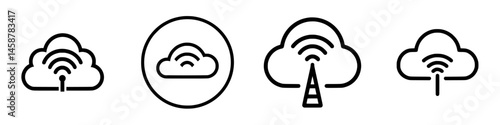 Vector illustration icons of various cloud technology symbols depicting data transmission and connectivity