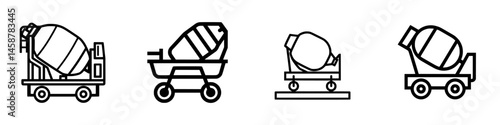 Vector illustration showcasing four different types of cement mixers in various positions emphasizing construction activity and machinery design