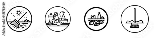 Vector illustration icons representing cleaning activities in various environments and contexts throughout different times of day