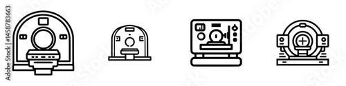 Vector illustration of MRI machines showing different perspectives and designs for medical and healthcare applications