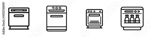 Vector illustration icons of kitchen appliances including dishwasher, oven, and refrigerator in a minimalist style for home design projects