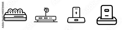 Vector illustration showcasing modern technology icons including a charging station, a gaming console, and a portable power bank