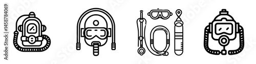 Diving equipment vector illustration featuring masks, snorkels, and tanks for underwater exploration and activities