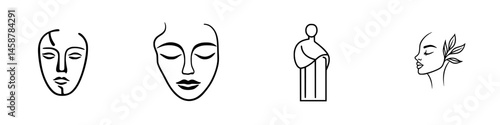 Vector illustration icons of abstract facial designs showcasing beauty, serenity, and artistry in modern visual aesthetics