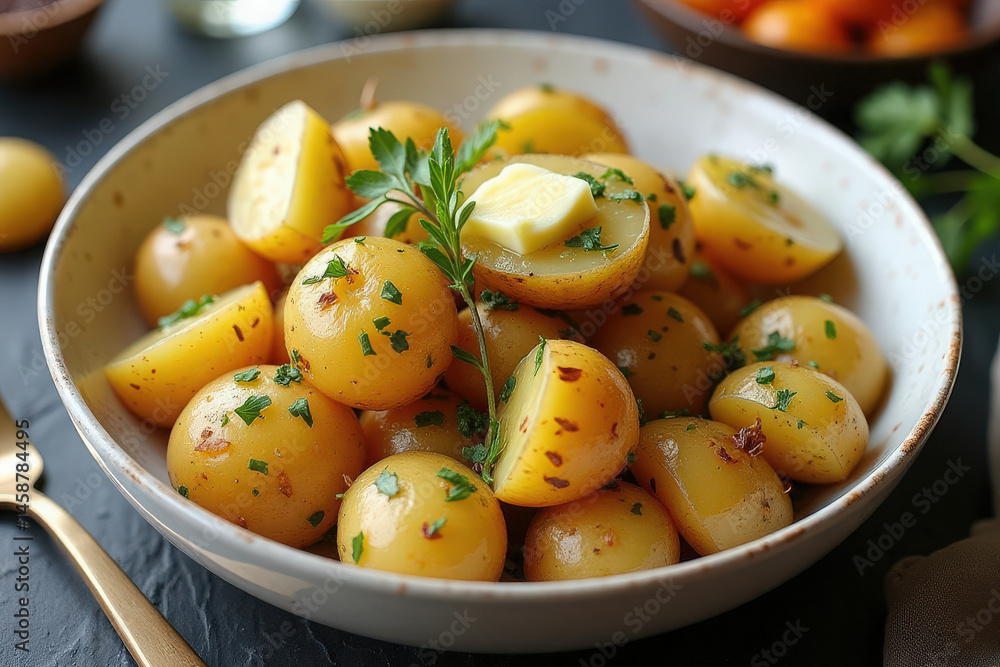 Delicious boiled young potatoes with herbs, butter. Healthy dinner served in a white bowl on a dark table background. Vegetarian food, tasty dish for lunch, dinner Delicious boiled young potatoes with herbs, butter. Healthy dinner served in a white bowl on a dark table background. Vegetarian food, tasty dish for lunch, dinner