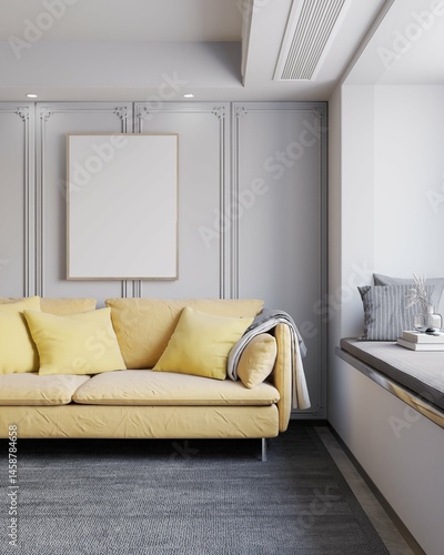 contemporary modern living room with mute color and poster framed mockup on white wall. 3d rendering