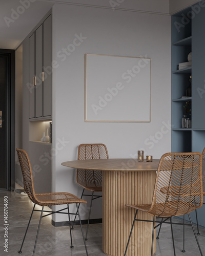 contemporary modern dining room with mute color and closeup of poster framed mockup on white wall. 3d rendering